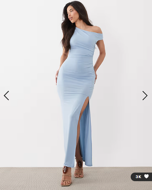 TFNC slinky fallen shoulder thigh split midaxi dress in baby blue