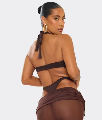 Ego - Keyhole Cut Out Trim Detail High Leg Swimsuit In Brown
