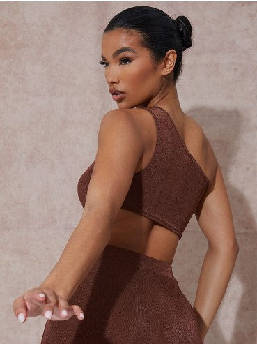 BROWN ACETATE SLINKY CUT OUT ONE SHOULDER CROP TOP