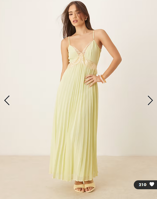 ASOS DESIGN V neck lace trim pleated cami midi dress in sage green