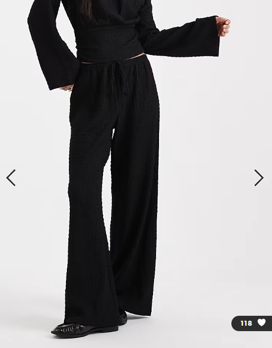 ASOS DESIGN mix & match textured tie waist wide leg trousers in black