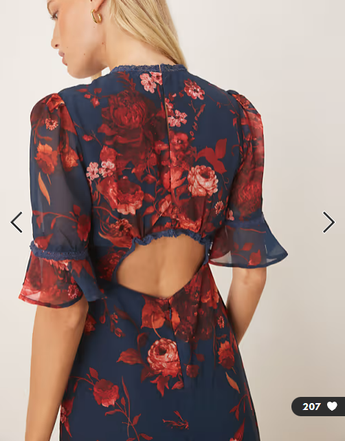 Hope & Ivy chiffon v neck button detail open back front split maxi dress in navy and red floral