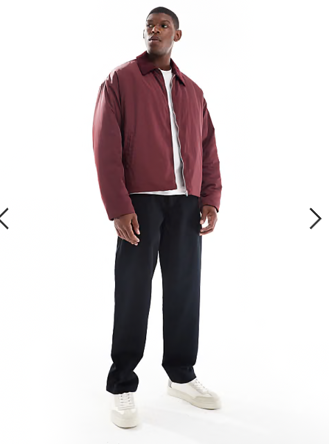 ASOS DESIGN oversized jacket with cord collar in burgundy