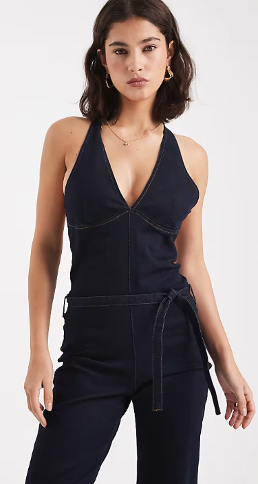 Asos - Miss Selfridge plunge tie waist jumpsuit in indigo
