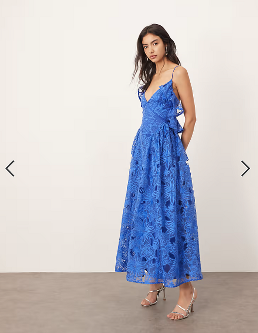 ARRANGE cutwork lace drop waist ruffle detail midi dress with tie back in cobalt blue
