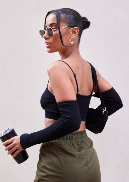 Black Contour Rib Cold Shoulder Crop Top