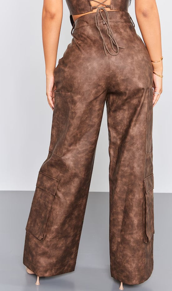 Petite Washed Brown Faux Leather Pocket Detail Pants