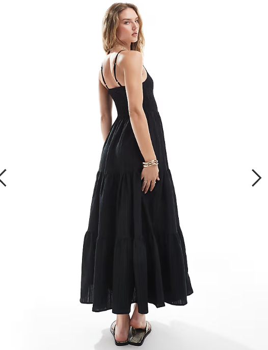 Brave Soul strappy tiered maxi dress with shirred bust in black