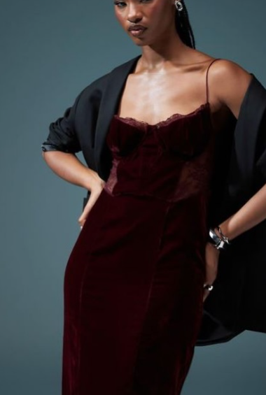 Asos - velvet corset midi dress wirh lace insert in burgundy