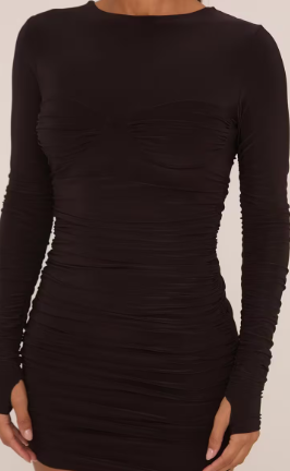 Long Sleeve Ruched Seam Detail Mini Dress In Black Slinky