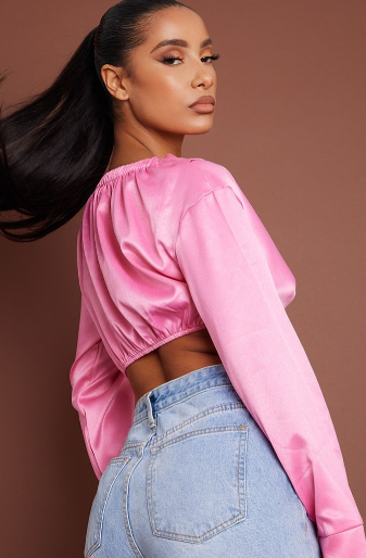 Candy Pink Satin Bardot Twist Front Crop Top