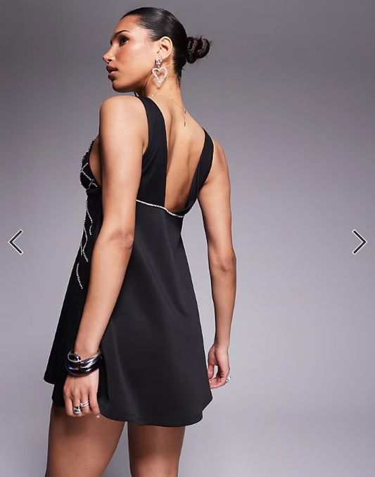 ASOS DESIGN plunge a-line mini dress with diamante embellishment in black scuba-style fabric