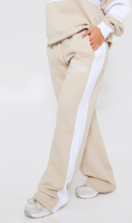 Beige Montreal Embroidered Panelled Wide Leg Joggers