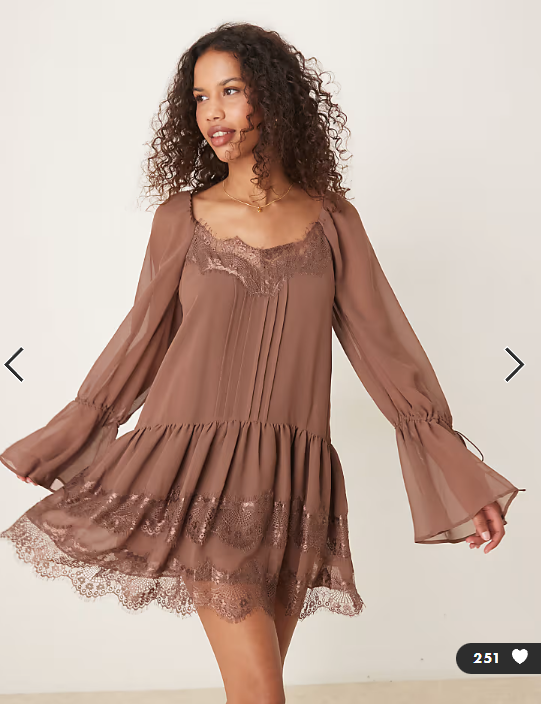 ASOS DESIGN long sleeve sweetheart neckline frilly mini dress in mocha