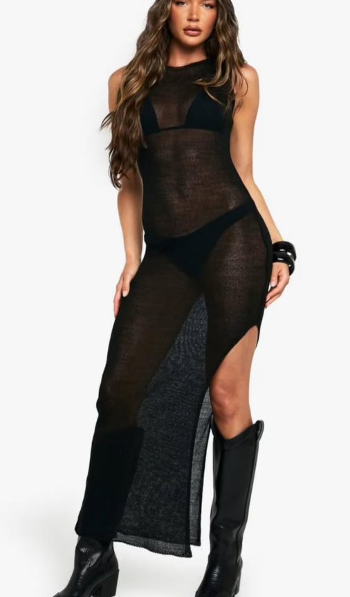 Beach Sheer Knit Racer Neck Maxi Dress - black Boohoo