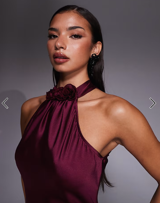 New Look satin corsage detail halterneck midi dress in burgundy