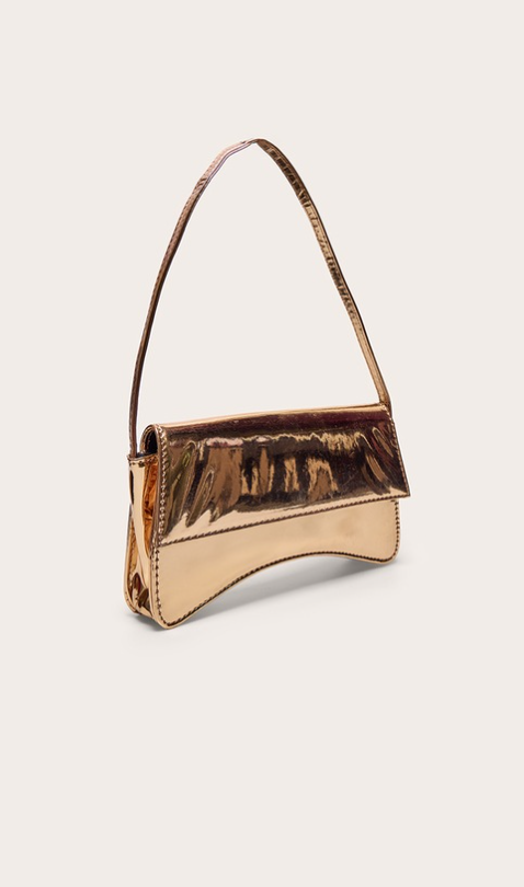 Gold PU Flap Over Baguette Shoulder Bag