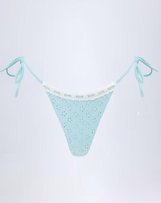 OhPolly - Broderie Anglaise Side-Tie Thong Bikini Bottoms in Powder Blue