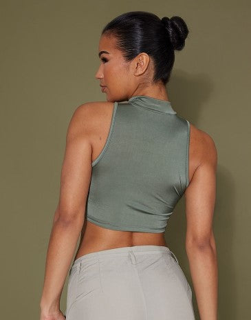 MOSS KHAKI RECYCLED SLINKY HIGH NECK CROP