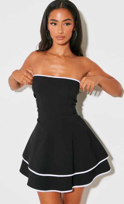 Petite Black Stretch Woven Contrast Tiered Shift Dress