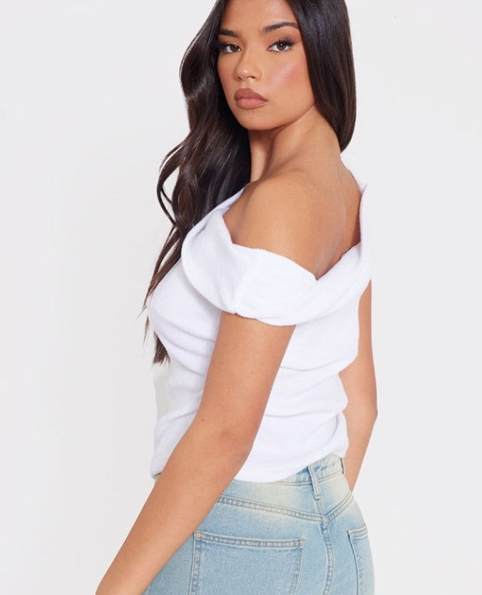 White Brushed Rib Ruched Side Long Top