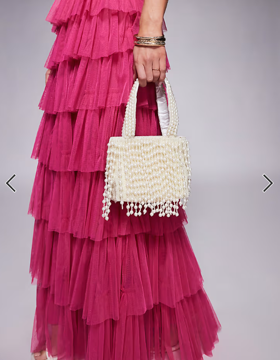 True Decadence pearl tassel beaded bag in white