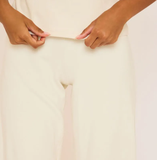 Mid Rise Tie Waist Detail Wide Leg Interlock Joggers In Cream