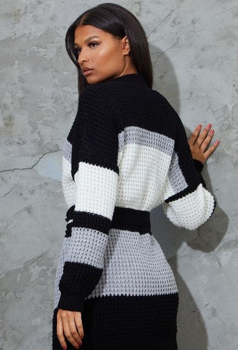 Monochrome Colour Block Waffle Knitted Jumper Dress