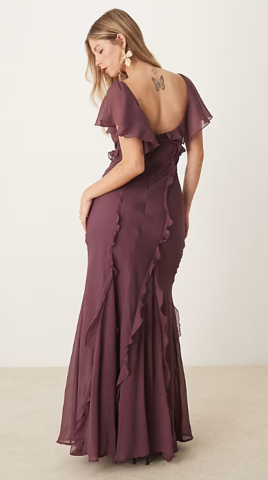 ASOS DESIGN flutter sleeve ruffle godet maxi dress in aubergine