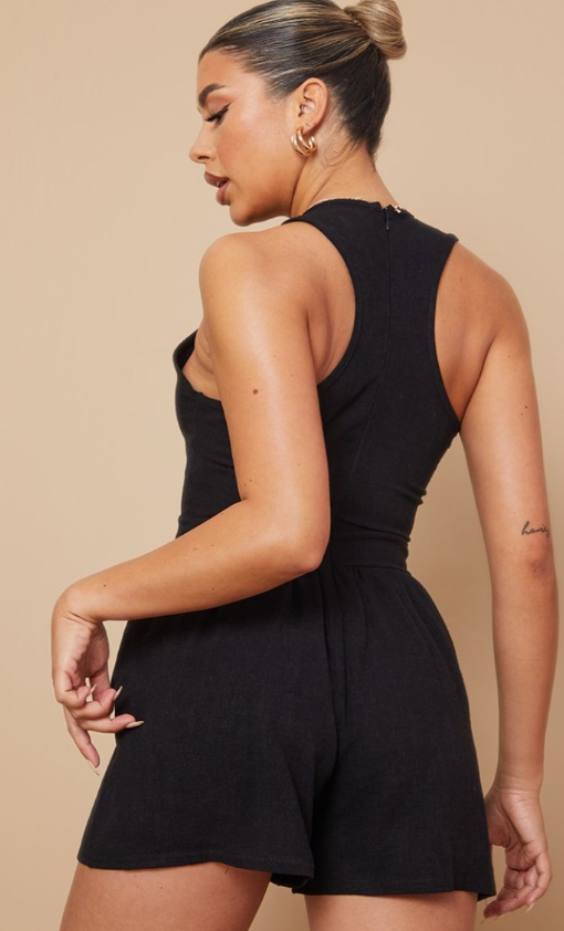 Black Racer Neck Linen Look Playsuit
