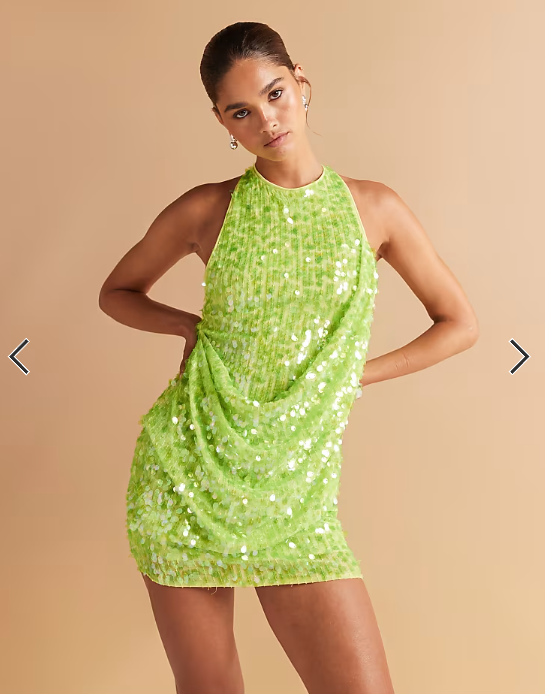 ASOS DESIGN embellished sequin draped front mini dress with high neck and open back in neon green