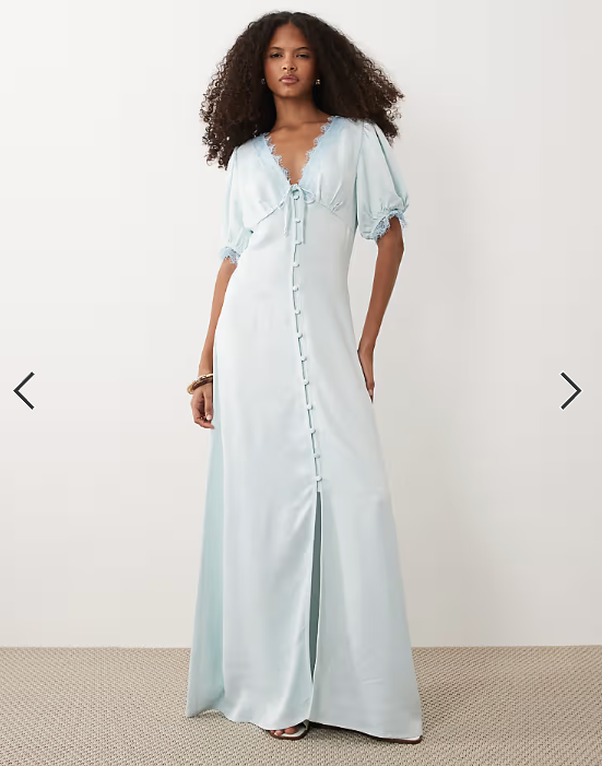 Miss Selfridge satin lace trim button through maxi dress in blue