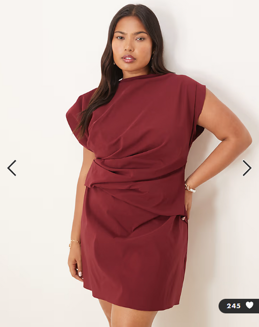 ASOS DESIGN Curve high neck pleated bengaline mini dress in Burgundy