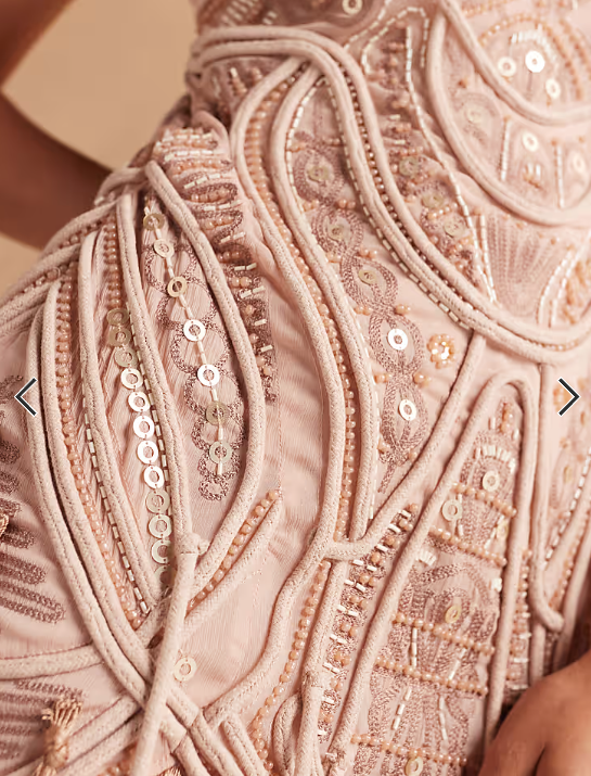 ASOS DESIGN embellished bandeau mini dress with fringing hem in golden bronze