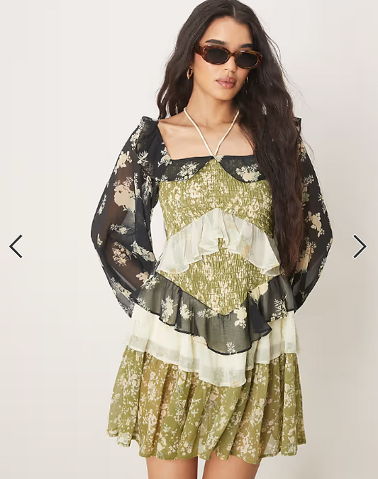 ASOS DESIGN halter neck frill mini dress in mixed ditsy print