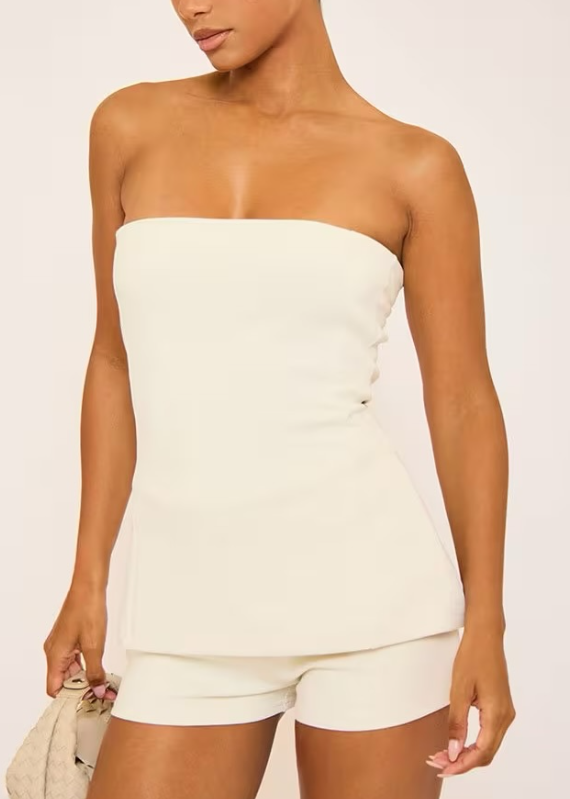 Ego - Bandeau Fitted Interlock Top & low rise hot pants In Cream SET