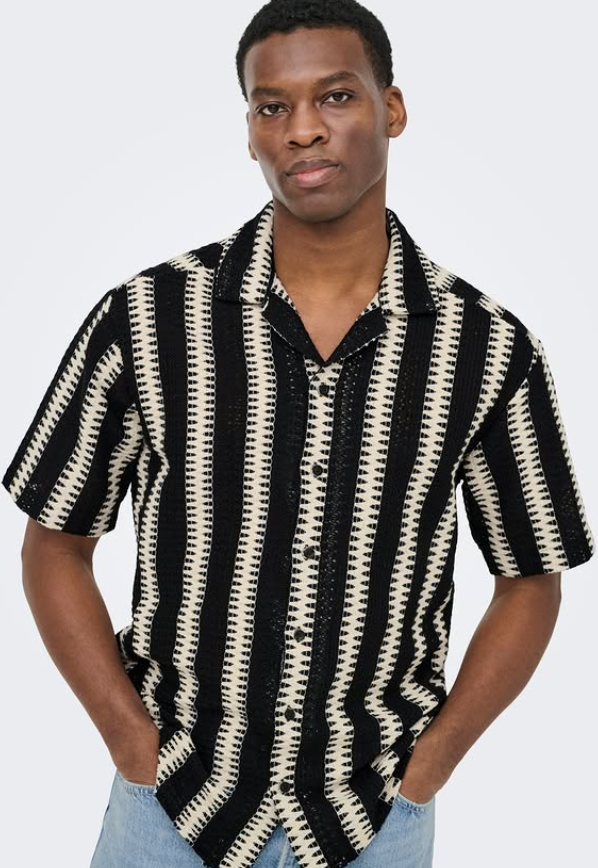 ONSDANI CROCHET SS SHIRT NOOS - Shirt - black stripes/cloud dancer