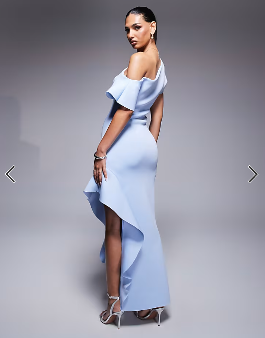 ASOS DESIGN fallen shoulder with frill split detail maxi dress in light blue