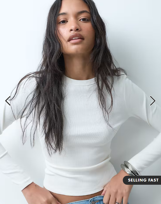ASOS DESIGN rib crew neck long sleeve top in cream