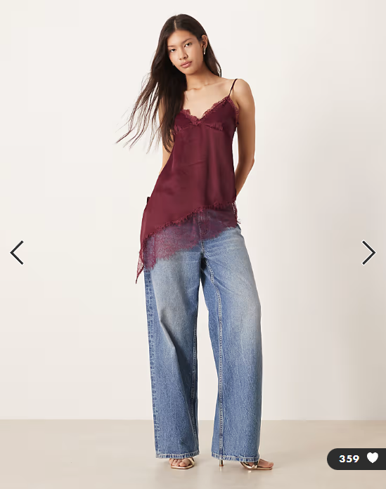 ASOS DESIGN satin lace trim asym hem cami top in plum