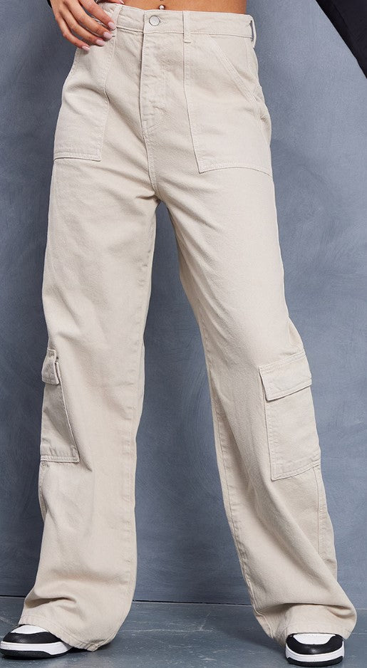 Tall Oatmeal Cargo Pocket High Waist Baggy Wide Leg Jeans