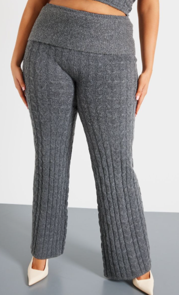 Plus Charcoal Marl Textured Knit Foldover Wide Leg Trousers