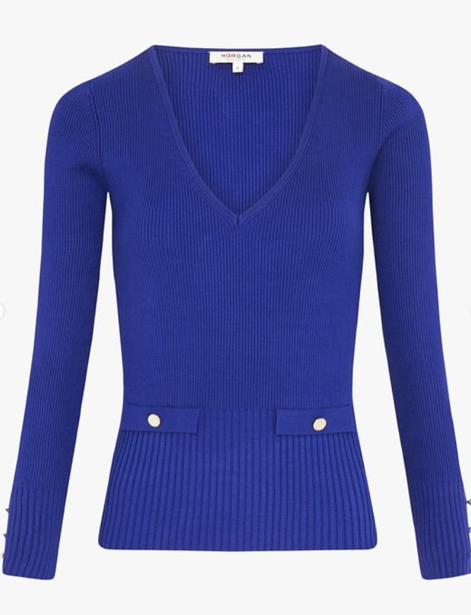 MORGAN Share MAZ - Blue Close-fit ribbed V-neck sweater