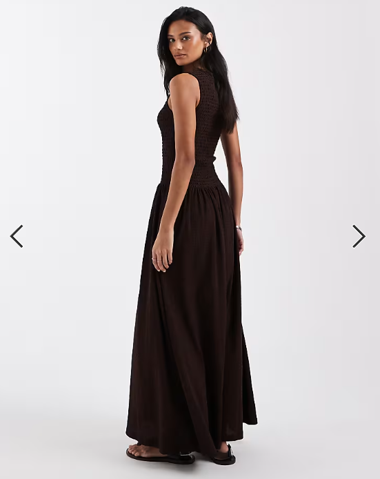 Brave Soul drop waist racer dress with shirred bodice in brown