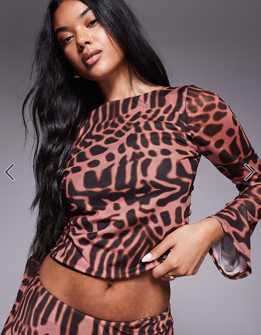 ASOS DESIGN co-ord mesh flare sleeve top in animal print