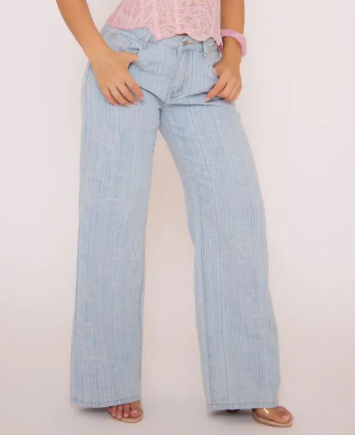 Low Rise Wide Leg Jeans In Blue Textured Denim