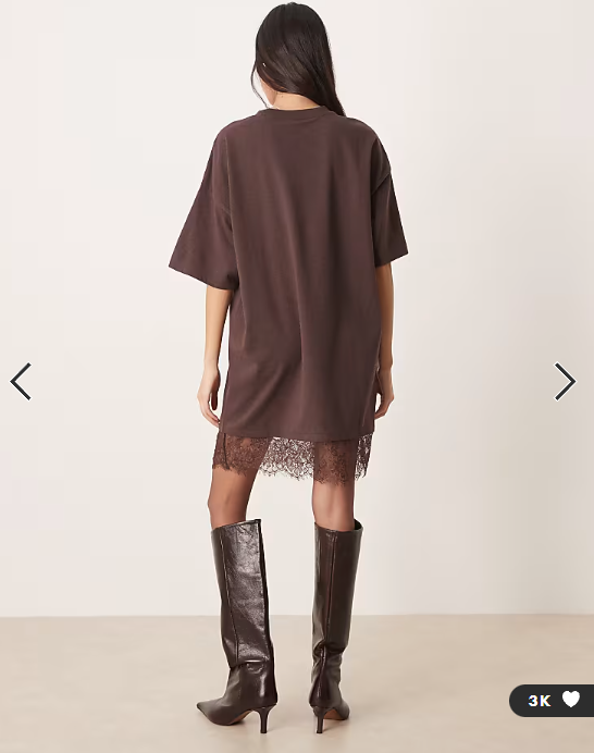 ASOS DESIGN oversized mini dress with lace hem trim in chocolate