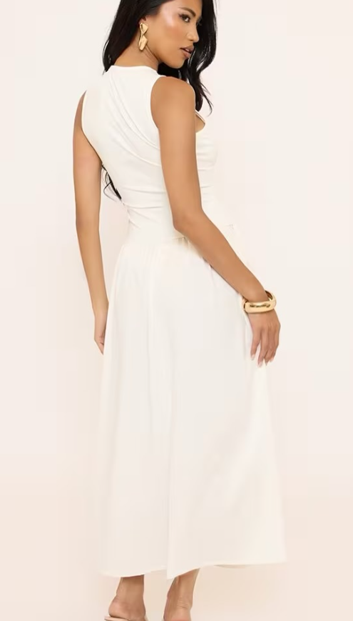 Ego - Racer Neck Smock Midi Dress in White