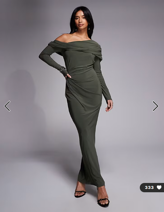 ASOS DESIGN Petite slinky long sleeve fallen shoulder with drape and ruching detail maxi dress in khaki