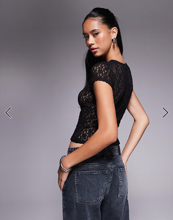 ASOS DESIGN lace short sleeve semi sheer baby tee in black